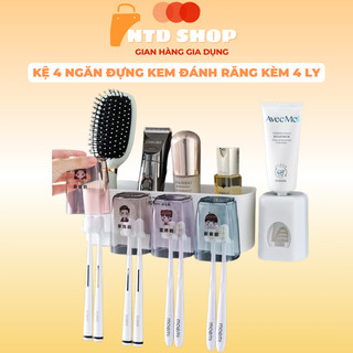 Kệ 4 ngăn đựng kem đánh răng kèm 4 ly, lấy kem vừa đủ 1 cách dễ dàng