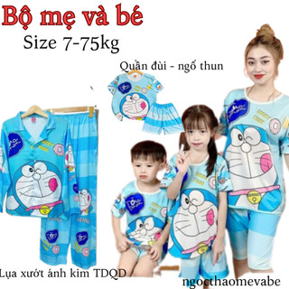 Đồ bộ mẹ và bé mẫu doaremon quần đùi& ngố và dài chất thun thái in 3D mềm, mịn, mát, không nhăn, k xù lông