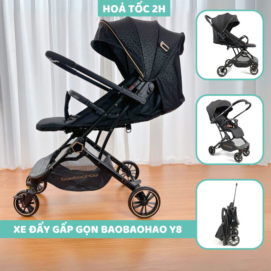  Xe đẩy cho bé xe đẩy gấp gọn chính hãng Baobaohao Y8 2 chiều 3 tư thế kèm màn Đen Kem 