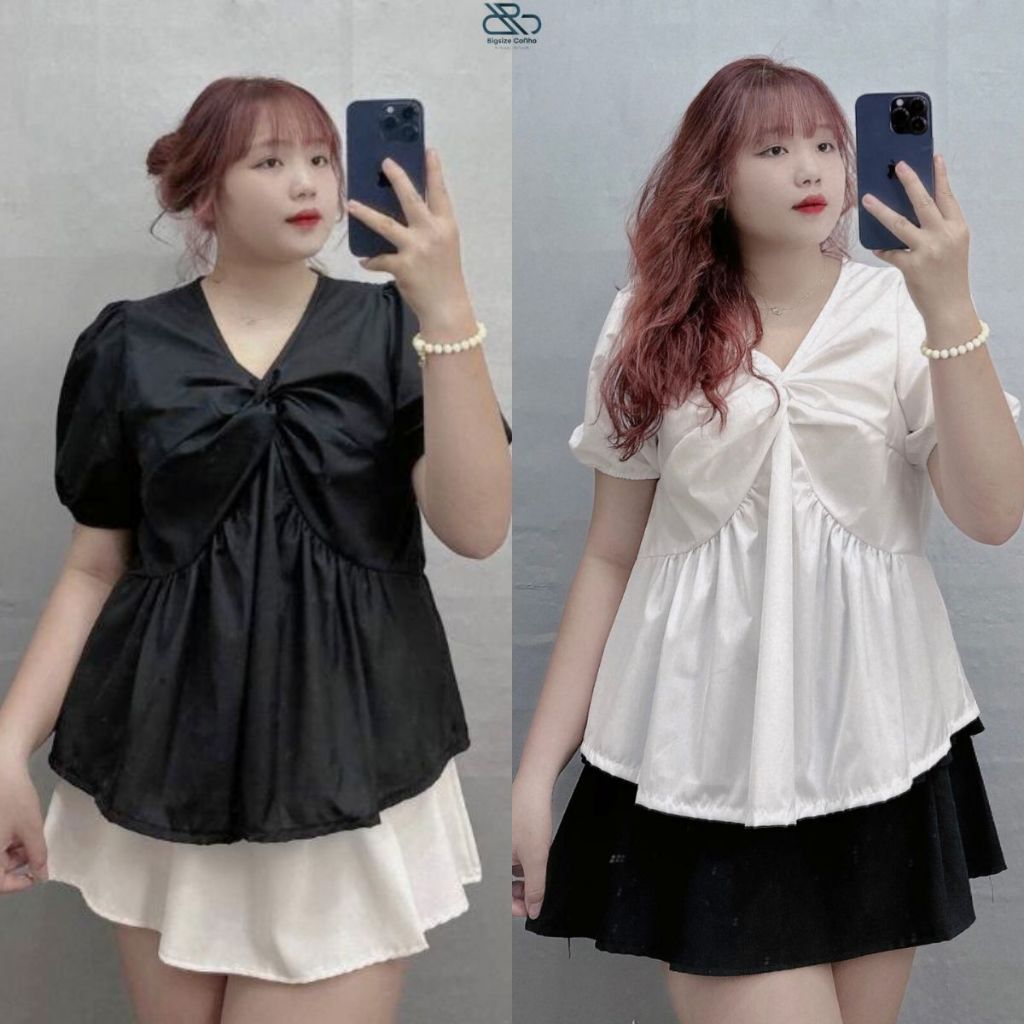 Áo Sơ Mi Tay Phồng Bigsize Cô Nhỏ,Sơ Mi Big Size Tay Ngắn Xoắn Ngực Đứng Phom Mặc Rộng Thoải Mái SM12