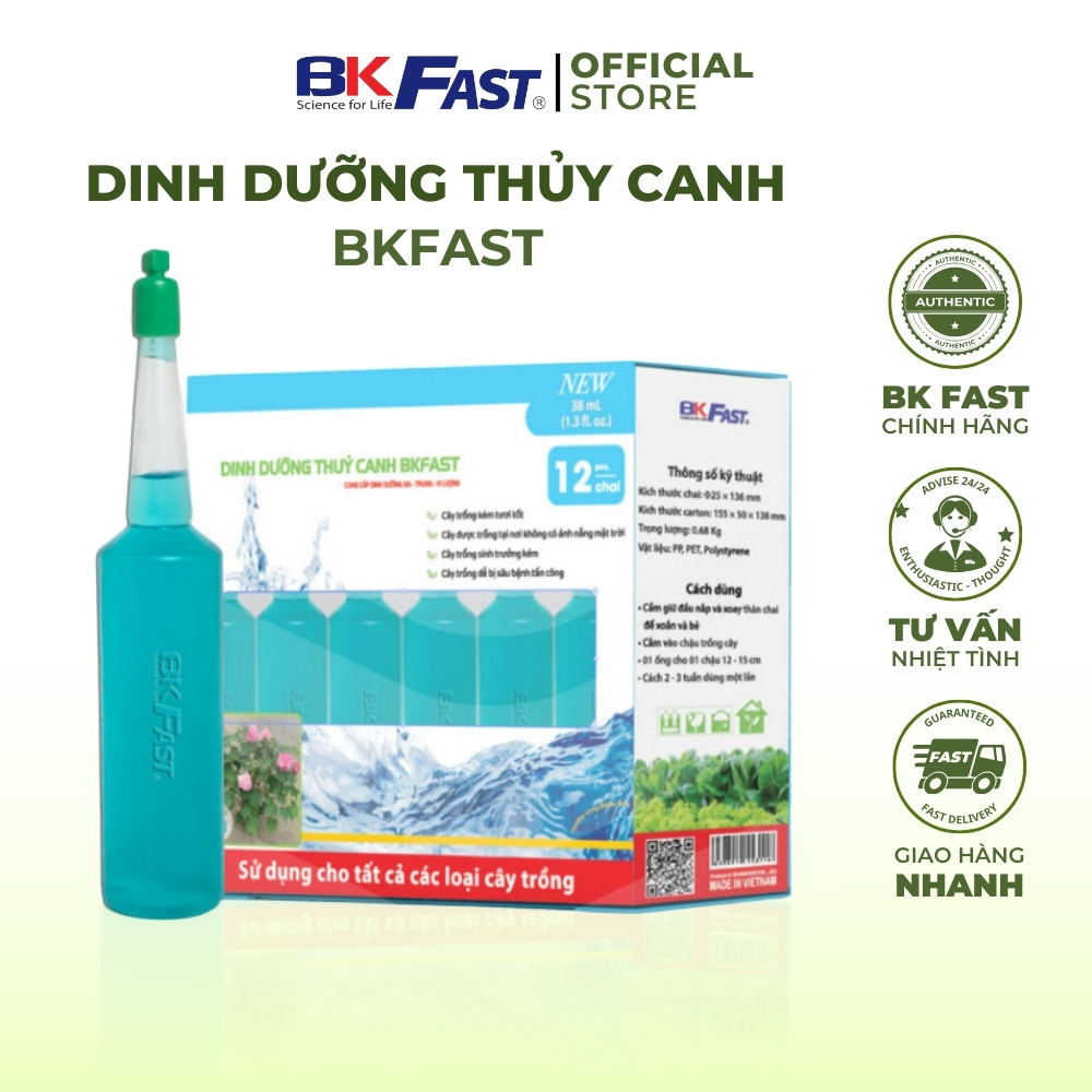 Dinh dưỡng thủy canh BKFAST chai 38mL (hộp 12 chai) dùng cho các loại cây trồng, thay thế phân bón