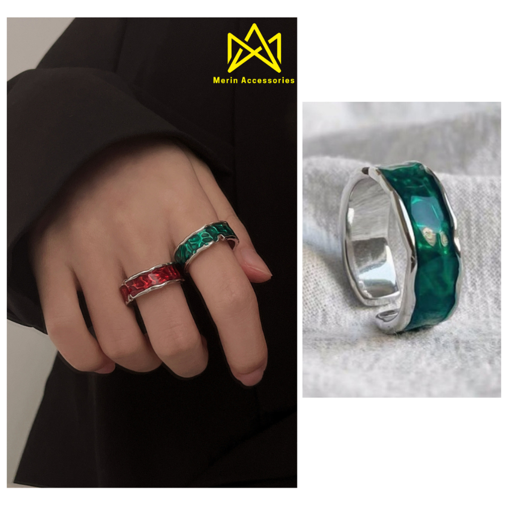 Nhẫn nam nữ tròn unisex Merin Accessories màu bạc thời trang chất Titan đẹp đơn giản không gỉ - Nhẫn Green