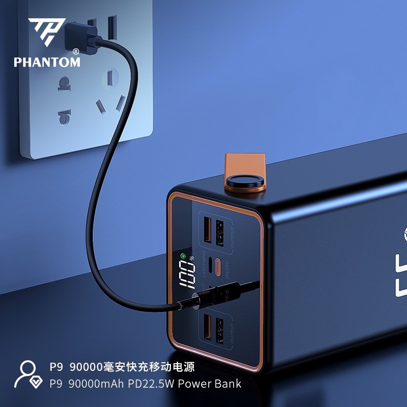 Pin dự phòng sạc nhanh PHANTOM P9 siêu khủng 90000mAh tích hợp 28 led - hỗ trợ QC 22.5 và PD 20W