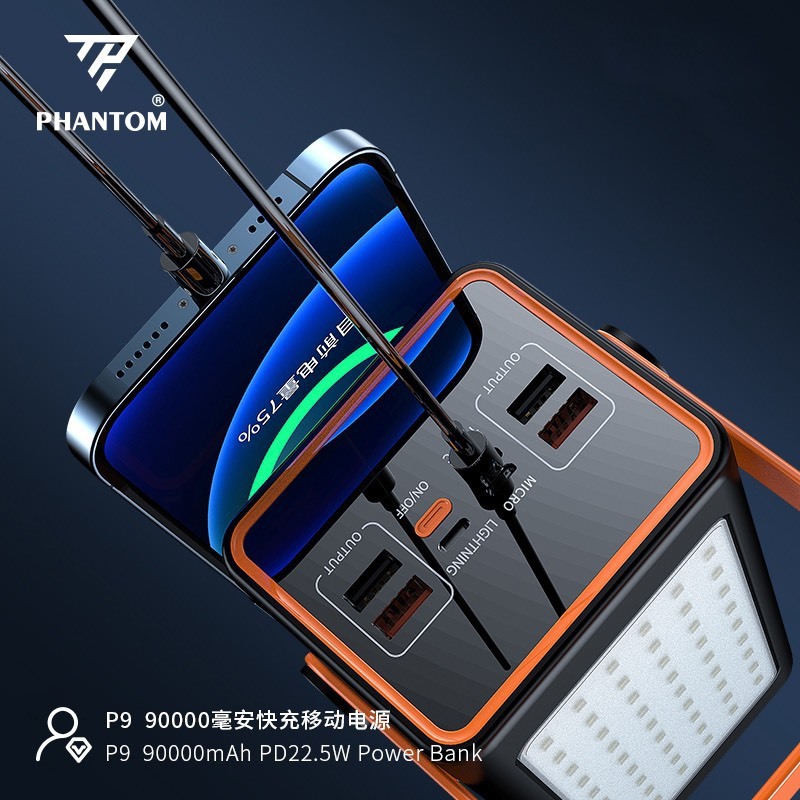 Pin dự phòng sạc nhanh PHANTOM P9 siêu khủng 90000mAh tích hợp 28 led - hỗ trợ QC 22.5 và PD 20W