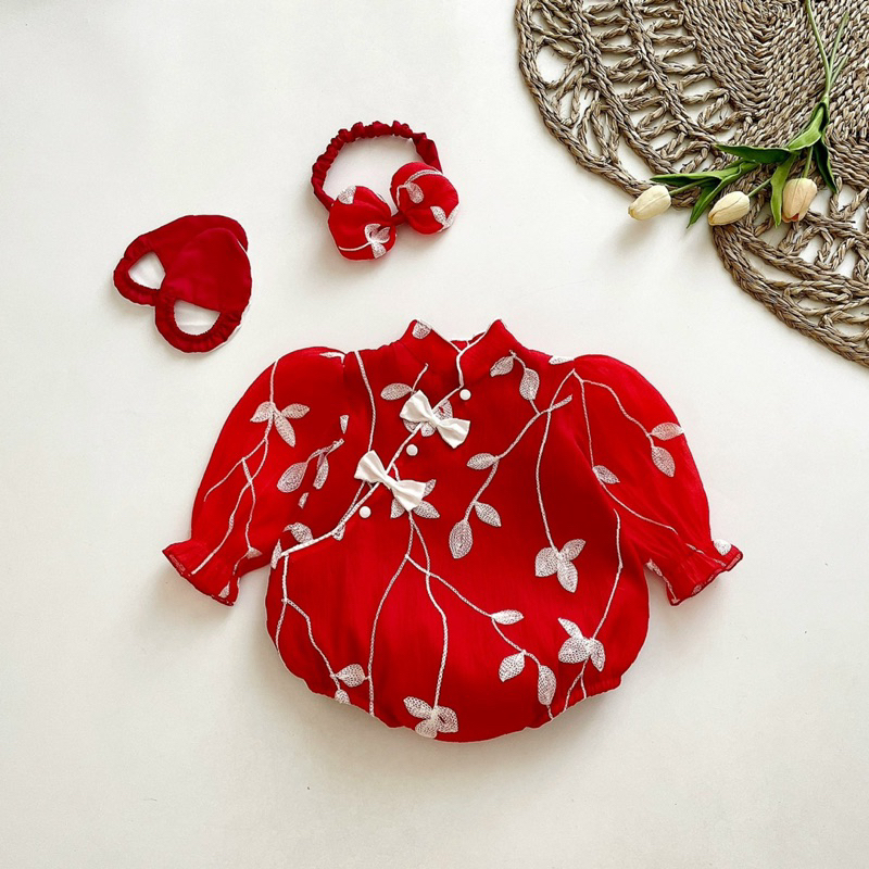 Body Hoa Thêu Cổ Tàu NHÍM XÙ KIDS Cho Bé Gái Sơ Sinh, Đầy Tháng, Thôi Nôi B077