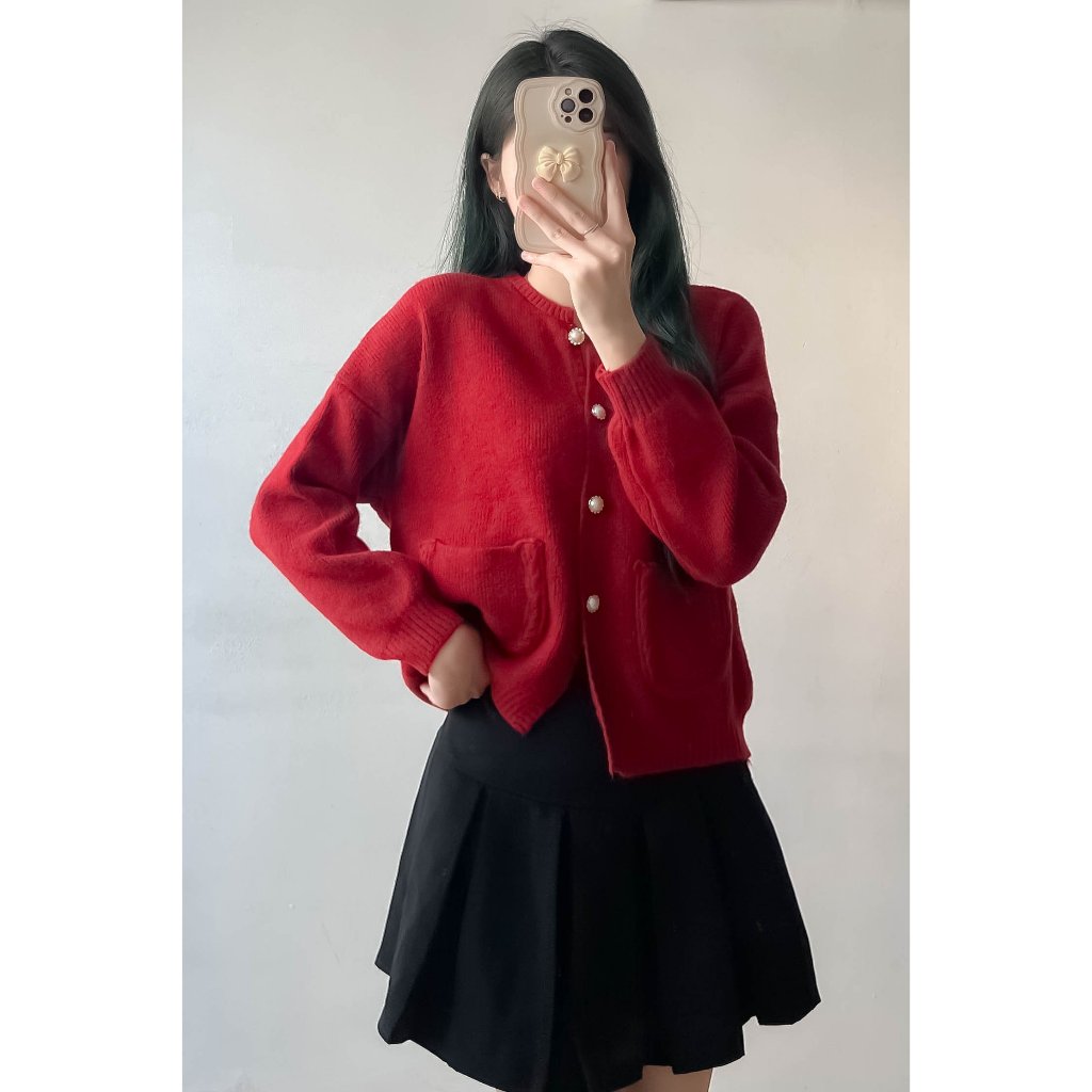 Áo cardigan vintage cúc ngọc 2 túi bên cổ tròn AoCDGcucngoc680_P2K2