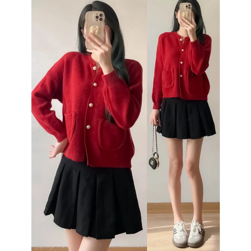 Áo cardigan vintage cúc ngọc 2 túi bên cổ tròn AoCDGcucngoc680_P2K2