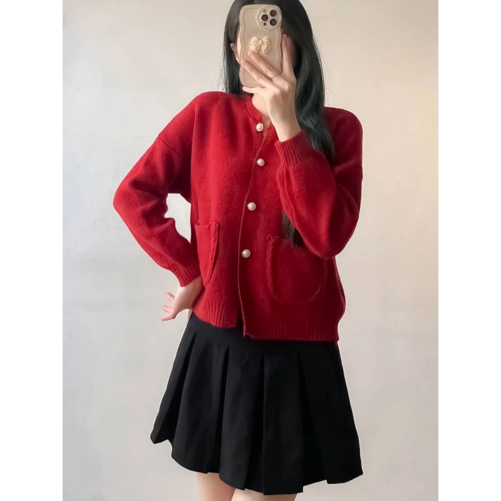 Áo cardigan vintage cúc ngọc 2 túi bên cổ tròn AoCDGcucngoc680_P2K2