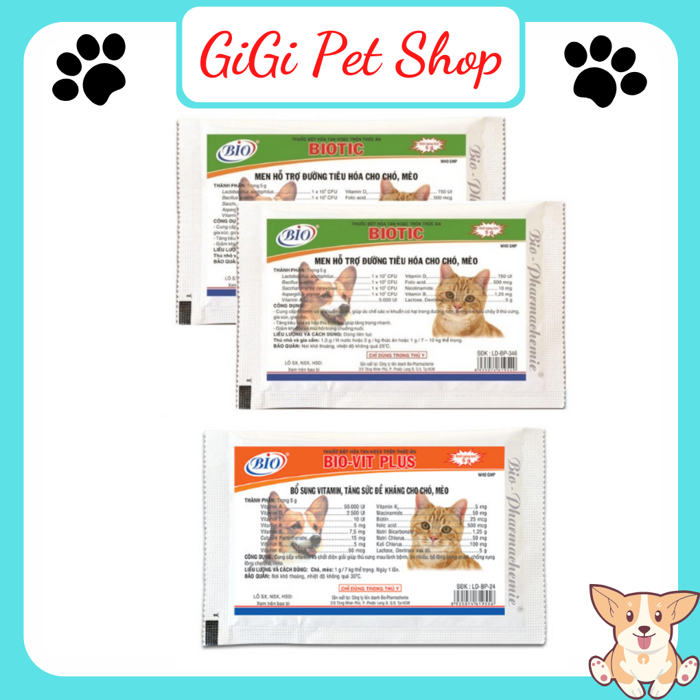 Men vitamin hỗ trợ tiêu hóa Biotic gói 5g phòng ngừa tiêu chảy đề kháng cho chó mèo phụ kiện thú cưng - GiGi Pet Shop