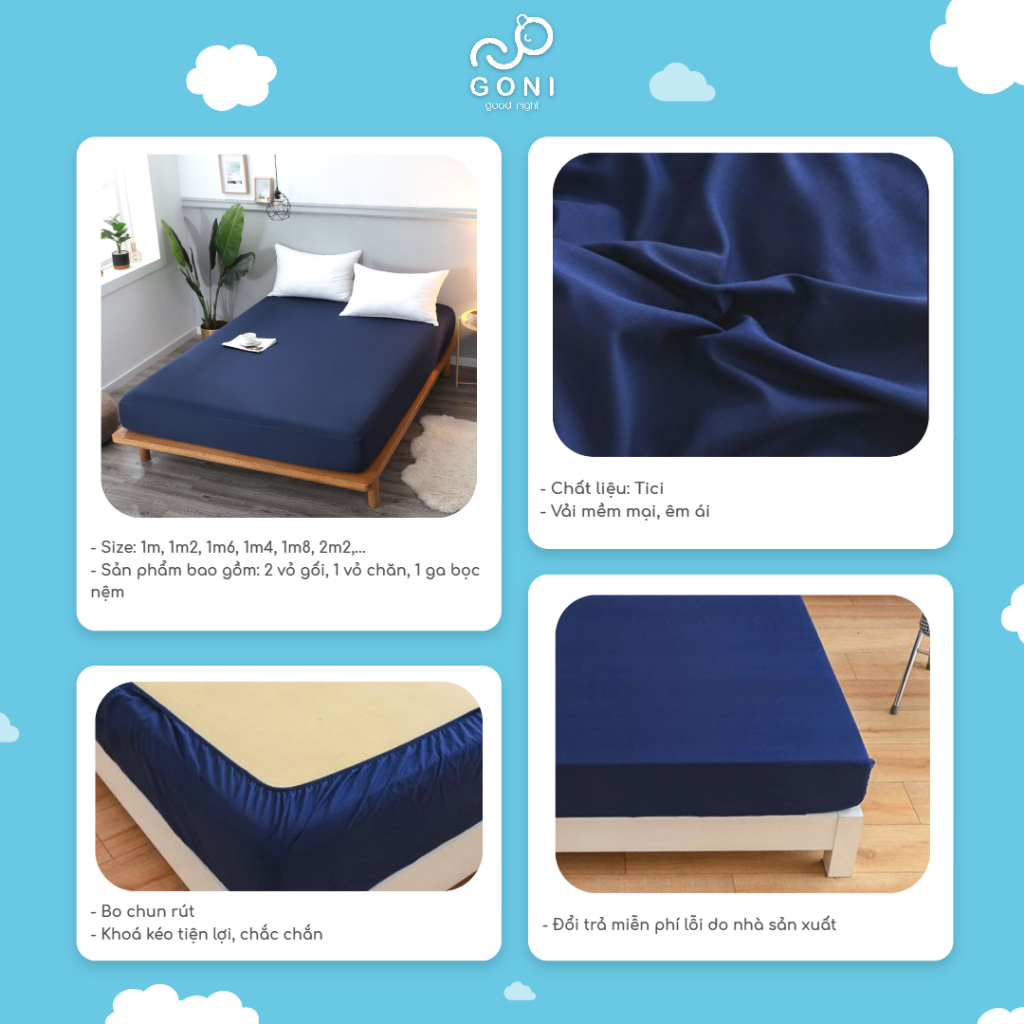 [SPECIAL DEAL] Ga giường cotton tici Goni, drap giường màu xanh Navy 1m x 2m, 1m2 x 2m, 1m4, 1m6, 1m8, 2m2 x 2m