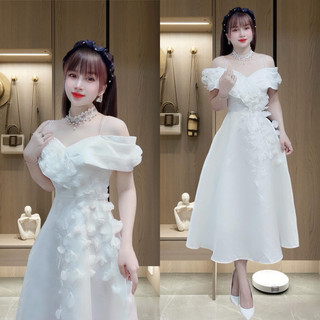 ❤️[ẢNH THẬT] V248 VÁY TRẮNG TRỄ VAI DỰ TIỆC, đầm đính hoa cô dâu đi bàn