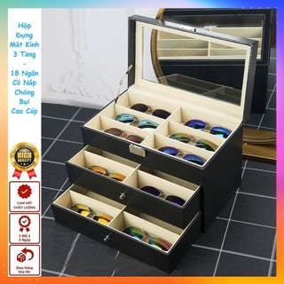 Hộp Đựng Mắt Kính 3 Tầng - 18 Ngăn Vỏ Da Vân Carbon - Nắp Kính Trong Suốt Chống Bụi Bẩn