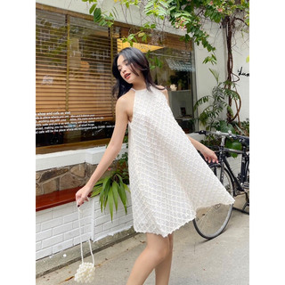Đầm Nữ Cổ Yếm OLARI Hoạ Tiết Sóng Thoi Đen