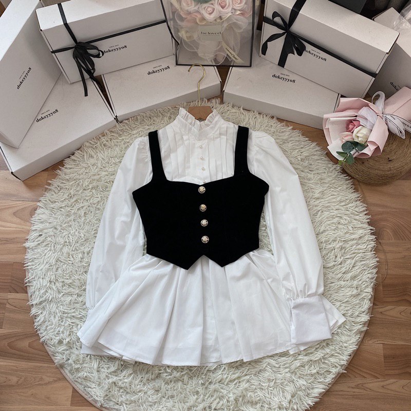 Set váy sơ mi yếm nhung 368