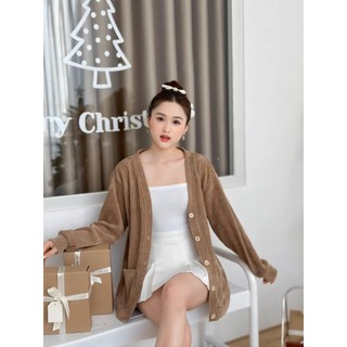 Áo khoác nữ cardigan nhung tăm cổ tròn tay dài