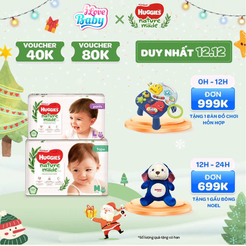 Tã Dán/Quần Huggies Platinum Nature Made Size NB60/S82/M64/L54/XL44/M58/L44/XL38