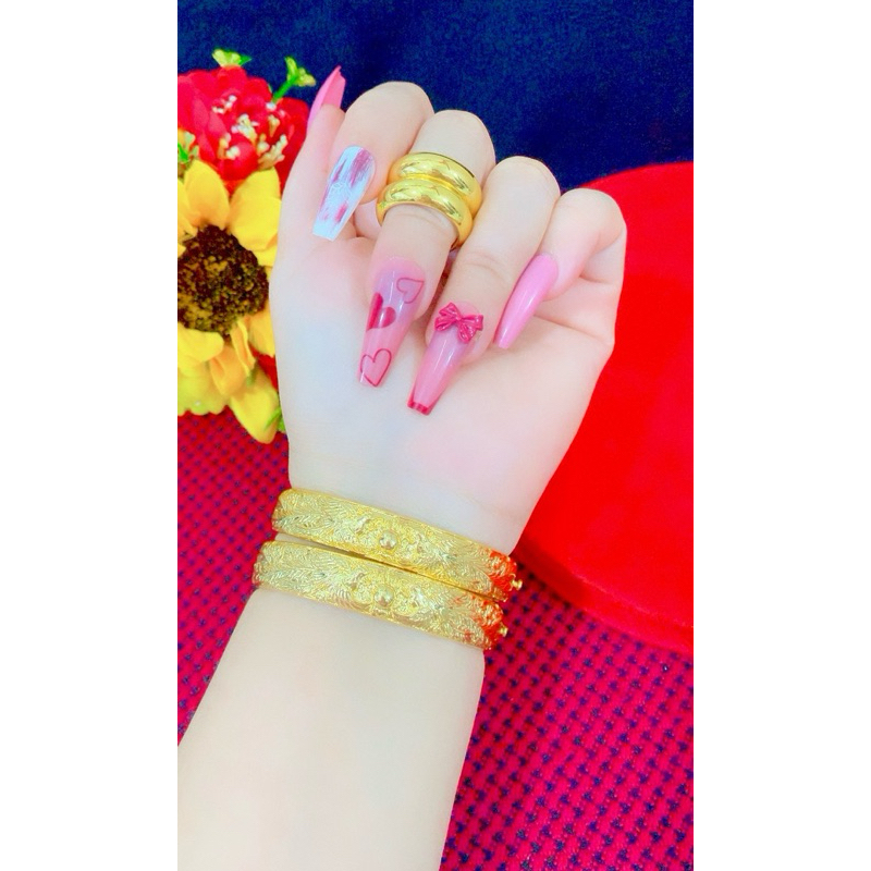 Set 2 vòng tay cưới chạm rồng phụng 2 nhẫn trơn 2 chỉ xi vàng 24 nhẫn có khắc kí hiệu 9999