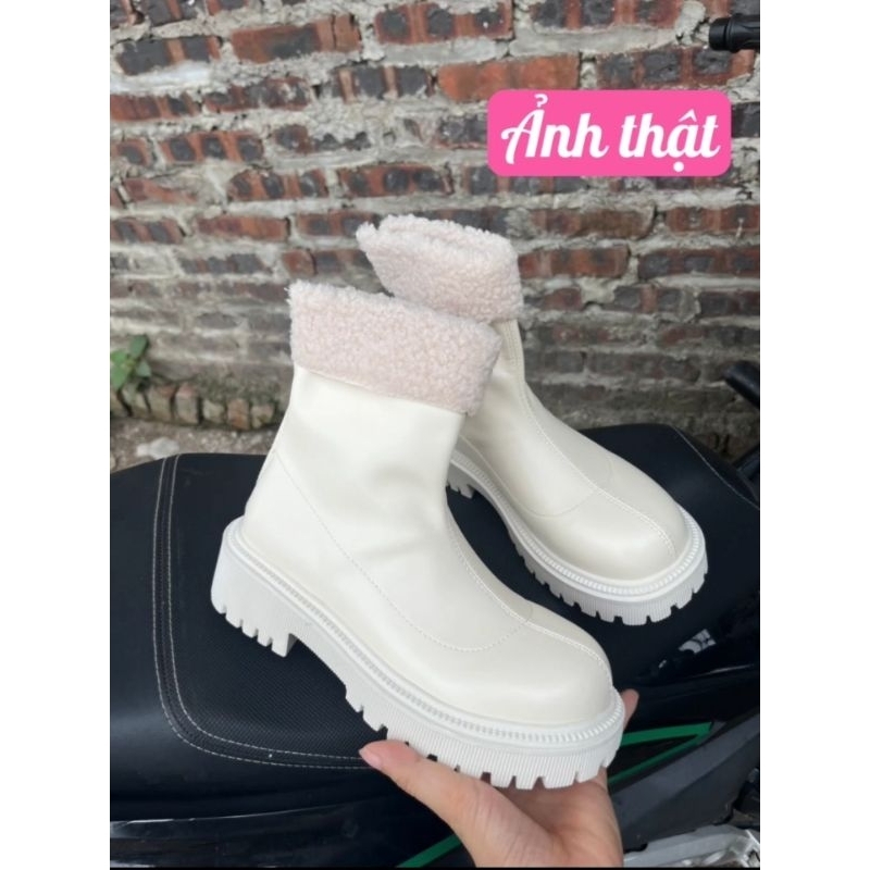 Bốt Da Nữ Cổ Lửng Phối Lông Đế Răng Cưa 2 màu Đen, Kem Sang Chảnh HOTTREND 2023 !