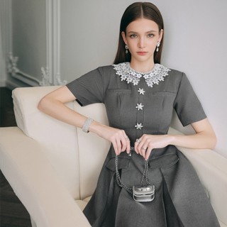DARLING.ISM - Đầm ngắn cổ ren Millie Dress vải kaki bố mịn xám