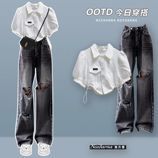 Set Baggy Jeans Ống Suông Đai Nút Rách + Sơ mi rút dâY HOTTREND