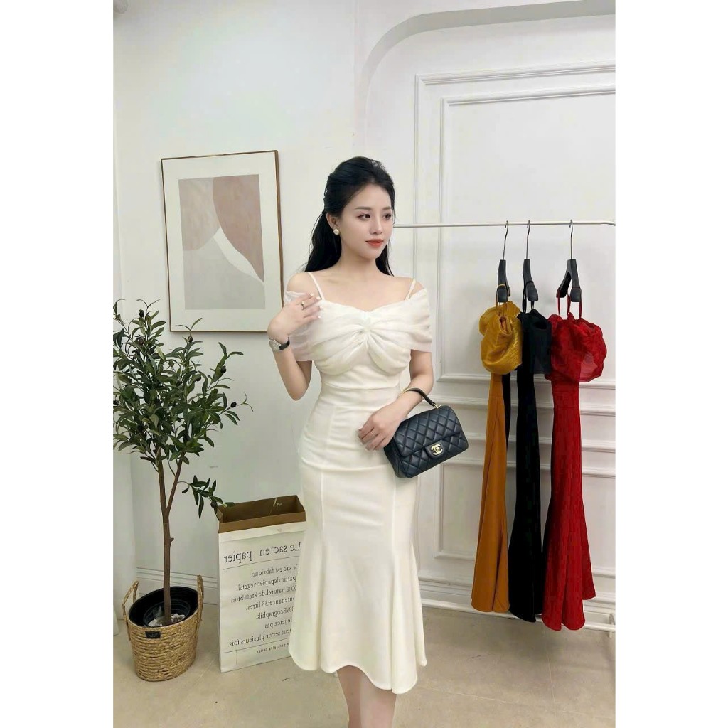 Đầm dự tiệc bigisze trễ vai 2 dây đuôi cá cuốn nơ ngực sang trọng