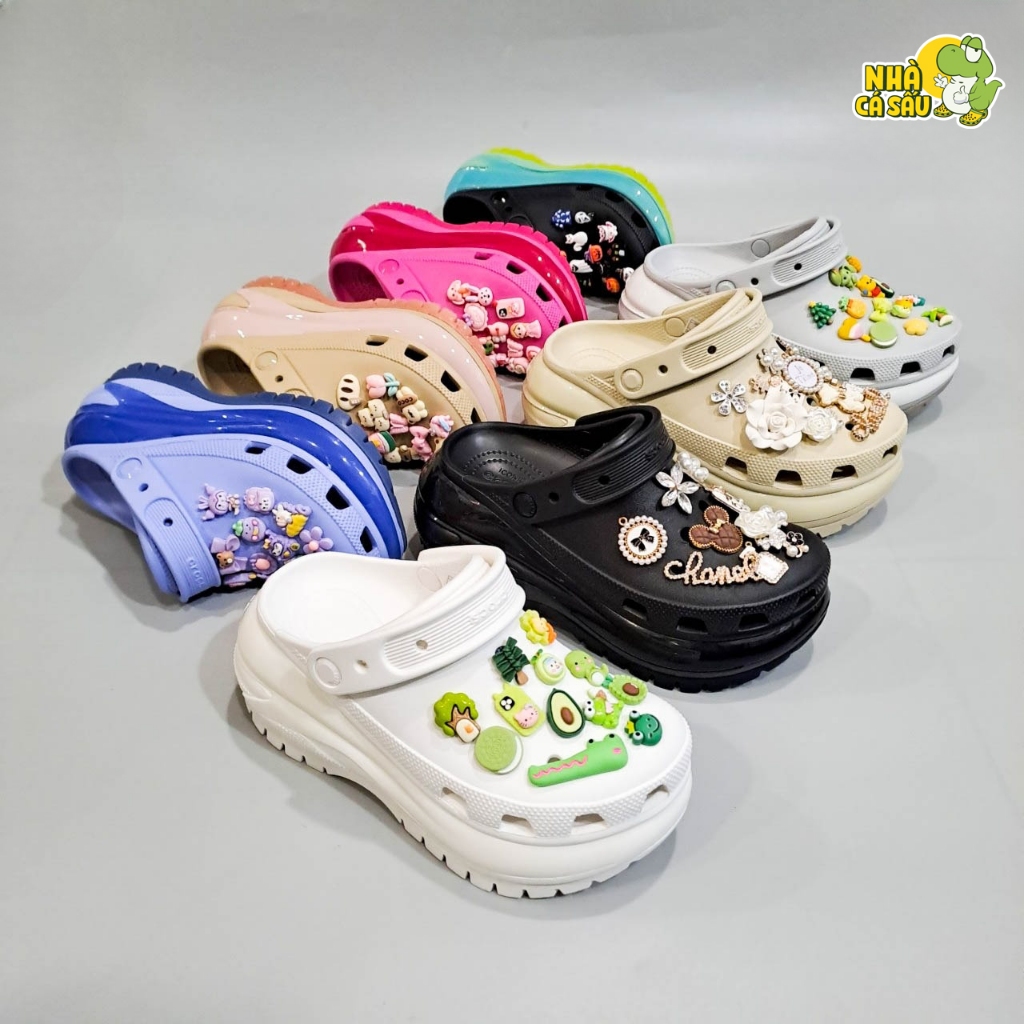 Dép cross mega crush clogs unisex tặng 10 jibbitz stickers 3D loại đẹp, dép sục cross crush mega nam nữ nhựa cao cấp