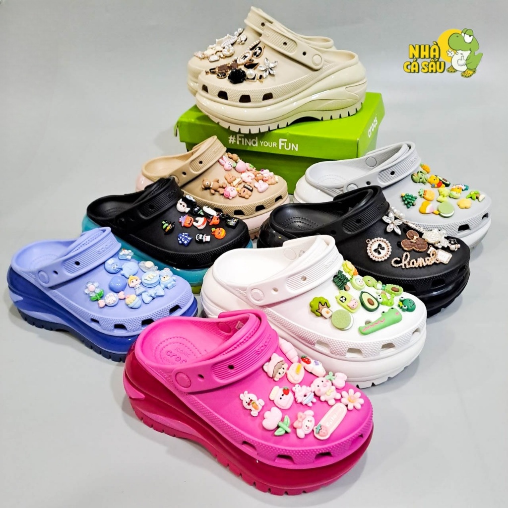 Dép crocs crush mega nam nữ hàng đẹp tặng 10 jibbitz charms, dép sục crocs mega crush viền bóng đế cao 7 phân unisex