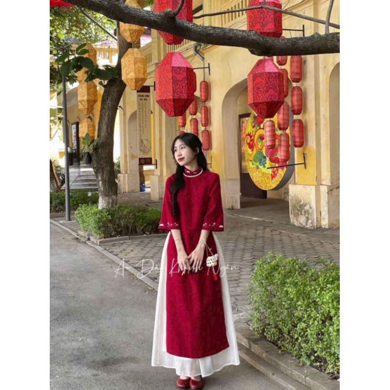 ÁO DÀI ĐỎ THÊU HOA +CVAY
