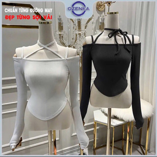 Áo croptop thun gân tăm cột dây cổ tay dài cho nữ