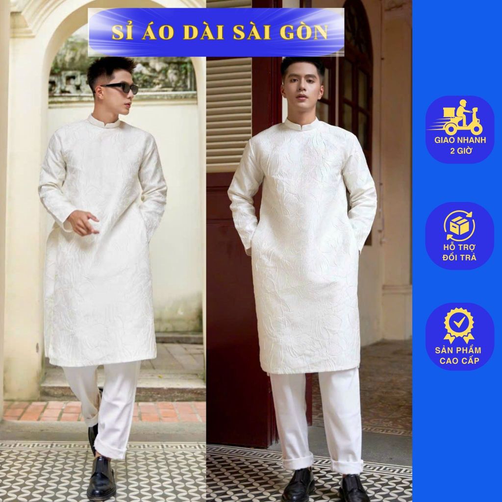 (Mua lẻ giá sỉ) Áo dài Nam chất vải Gấm vân nổi mạnh mẻ và sang trọng màu trắng - Sỉ Áo Dài Sài Gòn