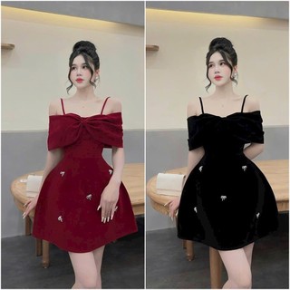 ĐẦM NHUNG DỰ TIỆC,NOEL,TẾT KÈM TAG NƠ ĐÁ( NƠ ĐÁ THÁO DỜI ĐƯỢC)