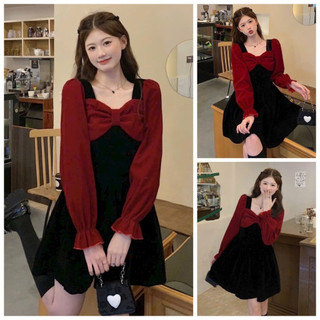 Đầm Nhung Xòe Dài Tay Bèo Kết Nơ Xinh Xắn Với Tone Màu Tôn Da Diện Đi Chơi Noel, Hẹn Hò Siêu Cute