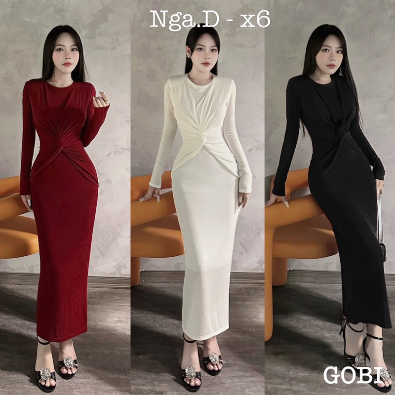 Váy thun nhúng body dáng dài xoắn eo tôn dáng sang chảnh
