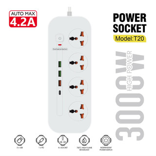 Ổ Cắm Điện Thông Minh POWER T20, 3 Cổng USB 1 Cổng Type C, Sạc Nhanh 4.2A, Tiêu Chuẩn EU, Chống Cháy Nổ - Với IC Tự Ngắt