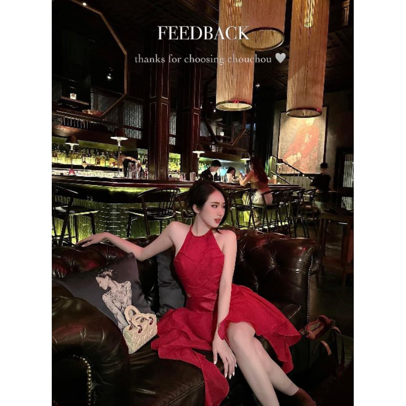 ĐẦM ĐỎ CỔ YẾM  HỞ LƯNG ĐAN DÂY TƠ BÈO DÀI