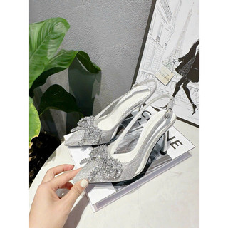 Giày cao gót phối trong nhữ bạc nơ kim tuyến gót nhọn 9p