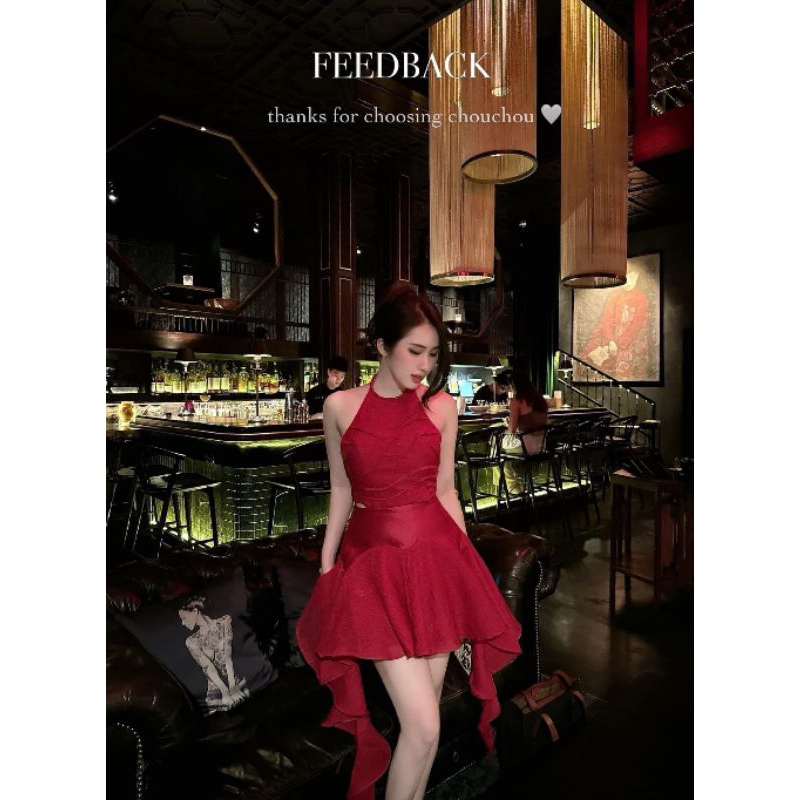 ĐẦM ĐỎ CỔ YẾM  HỞ LƯNG ĐAN DÂY TƠ BÈO DÀI