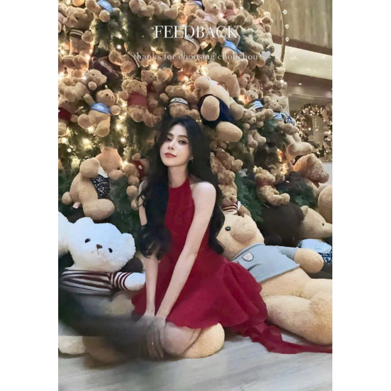 ĐẦM ĐỎ CỔ YẾM  HỞ LƯNG ĐAN DÂY TƠ BÈO DÀI