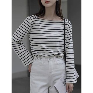 Áo thun nữ sọc tay dài cổ vuông neonvn - áo tay dài nữ kẻ sọc cổ vuông vải thun cotton 100%