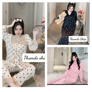 Bộ ngủ nữ, bộ pijama hoạ tiết tim nhí tay dài quần dài chất lụa mango
