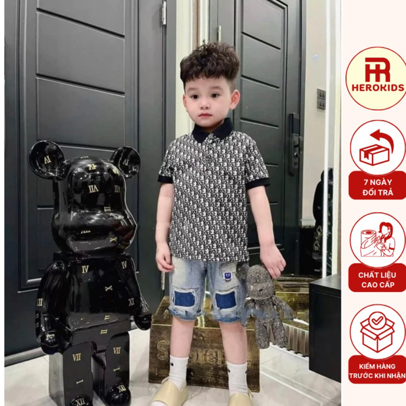 Áo Thun Cho Bé Trai Áo Polo Ngắn Tay Phối Cổ, Tay Đen Cá Tính - Herokids