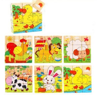 Đồ chơi tranh ghép hình bằng gôc 6 mặt 9 miếng- xếp hình 3D đa chiều khối Gỗ cục cho bé