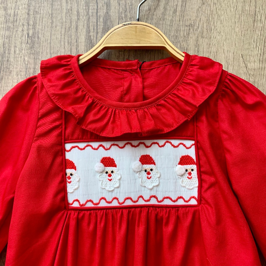 Váy Đầm SMOCK CÔ NẮNG, Váy Đầm Bé Gái, Đỏ Dài Tay Thêu ông già noel, Váy Noel Dễ Thương (SKU-NE1)