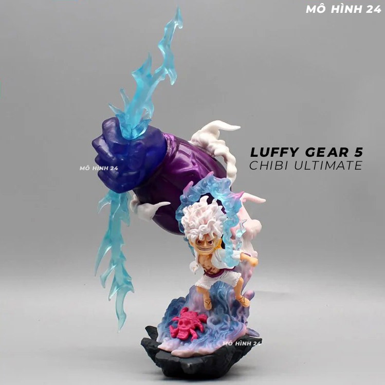 Mô hình one piece Fig Luffy Gear 5 chibi CẦm tia sét Ultimate tóc bạc tay to tím lightling nika 22cm đấm to onepiece