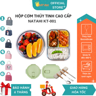 Hộp cơm văn phòng thủy tinh NATAHI KT001 quay lò vi sóng, chia ngăn, chống tràn tặng kèm hộp đũa thìa nĩa gỗ cao cấp