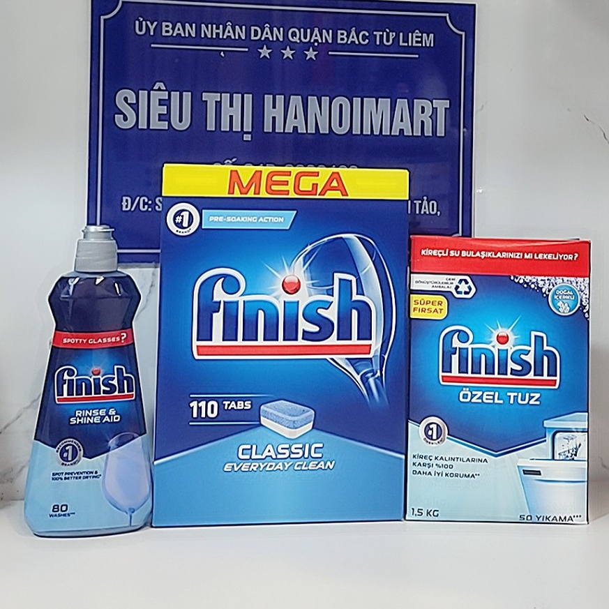 Combo Viên rửa bát finish 110 tabs + Muối làm mềm nước Finish salt 1.5kg + Nước trợ xả làm bóng bát finish 400ml
