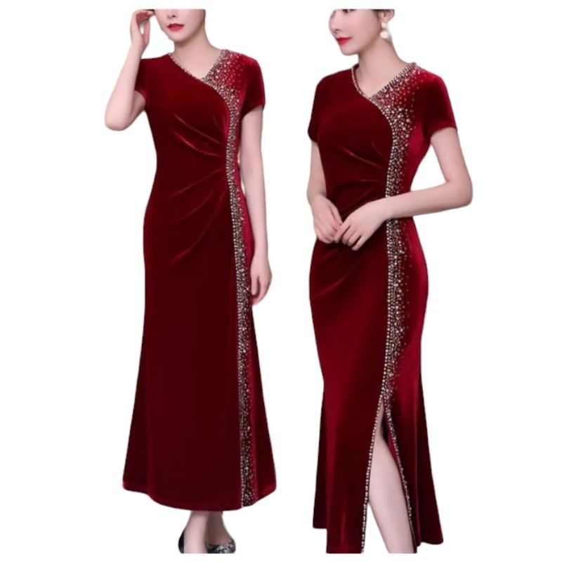 Đầm dạ hội trung niên dự tiệc sang trọng cho mẹ vải nhung ép cườm đá cao cấp, Đầm dự tiệc trung niên dáng dài sang trọng