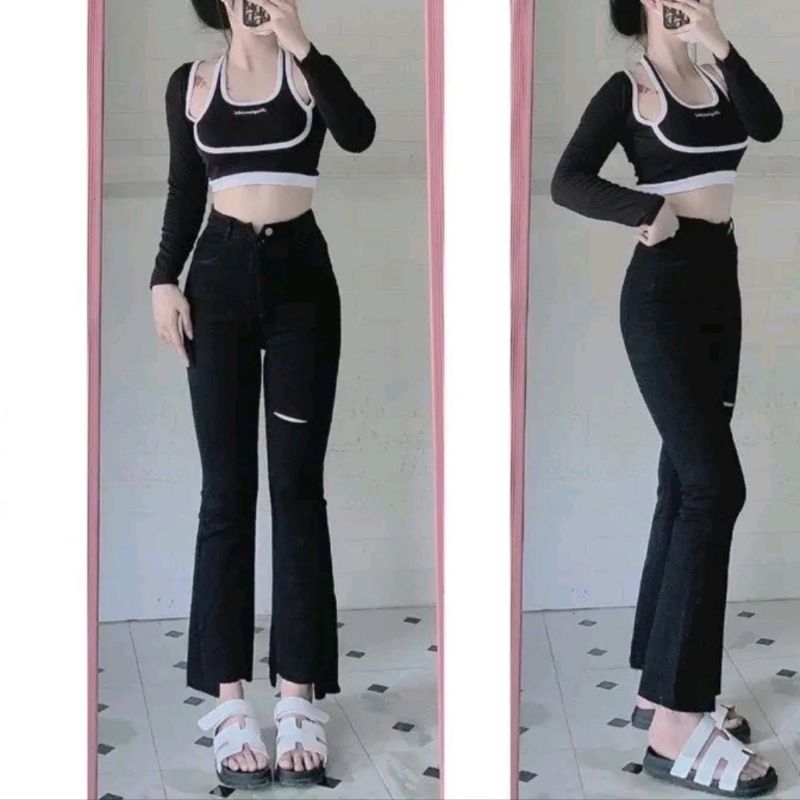 Quần Jean Bò Giấy Denim Skinny Nữ Ống Loe Cắt Gấu Rách Đùi Lưng Cao Bigsize 35-100Kg Thời Trang Girl Phố