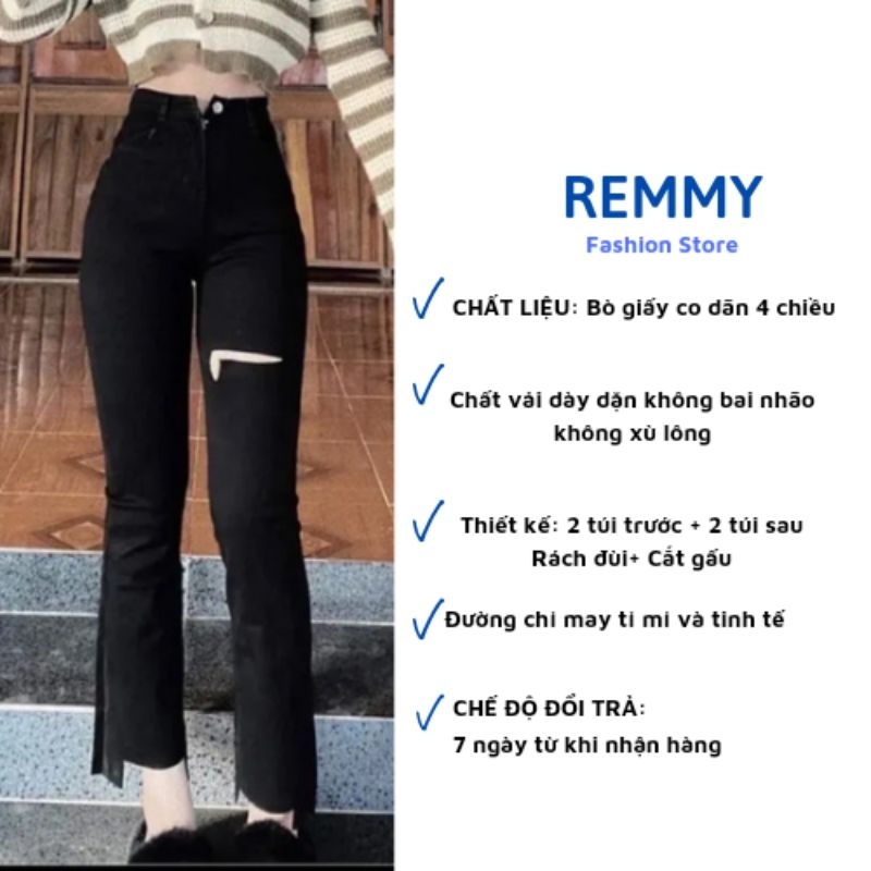 Quần Jean Bò Giấy Denim Skinny Nữ Ống Loe Cắt Gấu Rách Đùi Lưng Cao Bigsize 35-100Kg Thời Trang Girl Phố