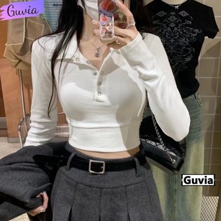 Áo Croptop Tay Dài CÚC BẤM Cổ Polo Nữ Thun Gân, Áo Thun Croptop Có Chun Ôm Eo GUVIA CR170